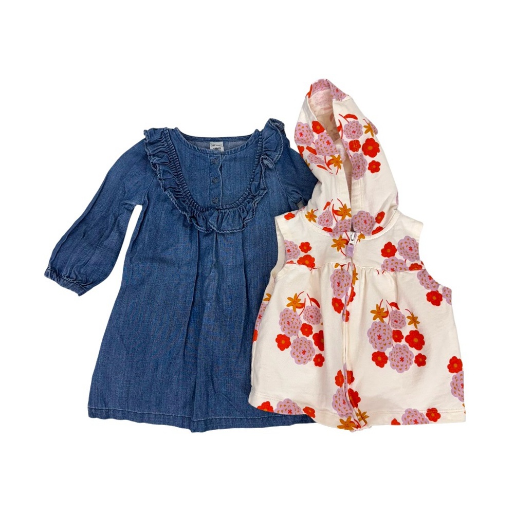 Two Carter’s Dresses Blue Cotton Blend Denim & Hooded Ivory Floral Boho Size 18M